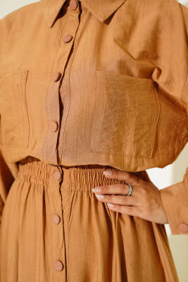 Boy Düğmeli Çift Cepli Elbise Camel - Thumbnail