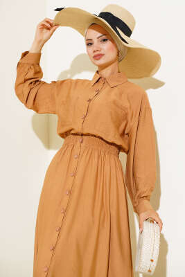 Boy Düğmeli Çift Cepli Elbise Camel - Thumbnail