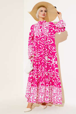 Pazarium - Etnik Desen Düğmeli Salaş Elbise Fuşya