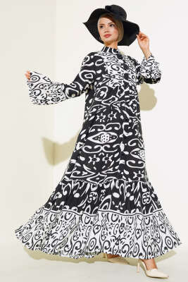 Pazarium - Etnik Desen Düğmeli Salaş Elbise Beyaz