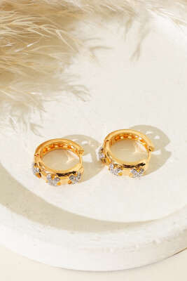 X Taşlı Halka Küpe Gold - Thumbnail