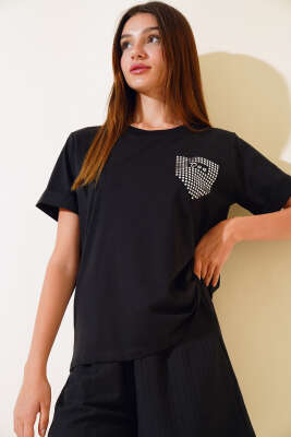 Dun İşlemeli T-shirt Siyah - Thumbnail