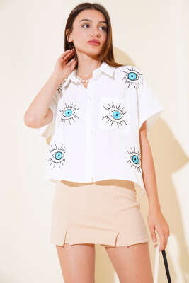 Pazarium - Göz Nakışlı Cepli Gömlek Ekru