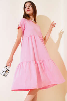 Süprem V Yaka Elbise Pembe - Thumbnail