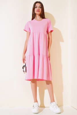 Süprem V Yaka Elbise Pembe - Thumbnail