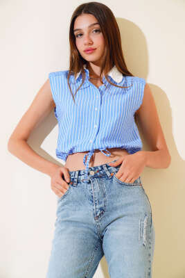 Yakası Örme Çizgili Gömlek Mavi - Thumbnail