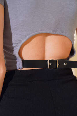 Arkası Kemerli Crop Kayrak Grisi - Thumbnail