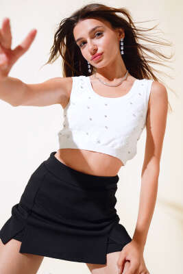 Pazarium - Taşlı Triko Bluz Ekru