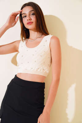 Pazarium - Taşlı Triko Bluz Bisküvi