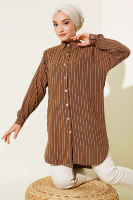 Pazarium - Çizgili Uzun Gömlek Kahve