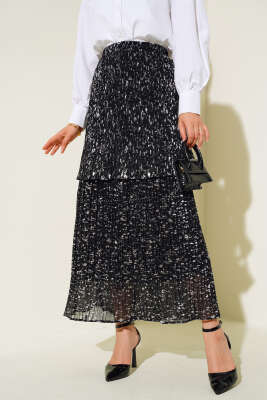 Piliseli Kat Şifon Etek Siyah - Thumbnail