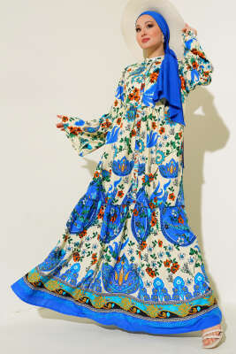 Pazarium - Desenli Düğmeli Kat Elbise Ekru Saks