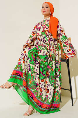 Pazarium - Desenli Düğmeli Kat Elbise Siyah Ekru Mor