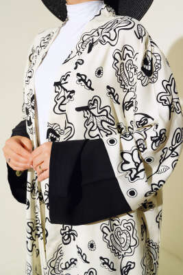 Etnik Desen Kimono İkili Takım Ekru Siyah - Thumbnail