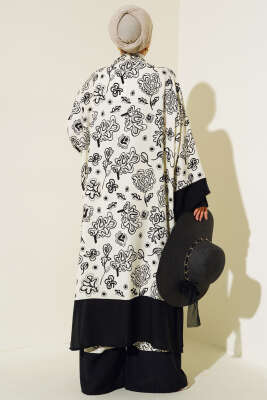 Etnik Desen Kimono İkili Takım Ekru Siyah - Thumbnail