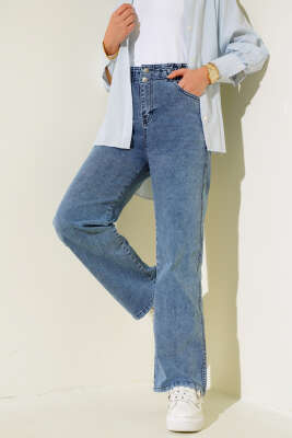 Pazarium - Bel Lastikli Çift Düğmeli Kot Pantolon Kot Mavisi