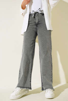 Pazarium - Paça Püsküllü Kuşaklı Kot Pantolon Füme