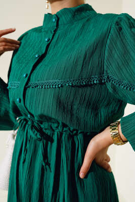 Tünelli Dantel Detaylı Elbise Zümrüt - Thumbnail