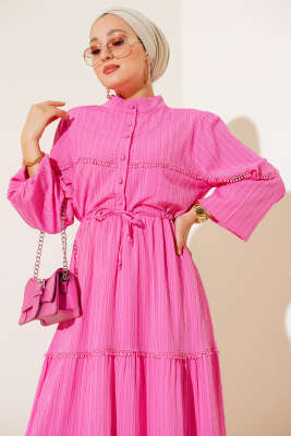 Tünelli Dantel Detaylı Elbise Pembe - Thumbnail