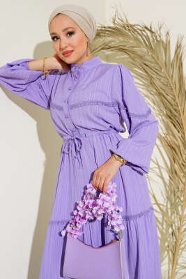 Tünelli Dantel Detaylı Elbise Lila - Thumbnail
