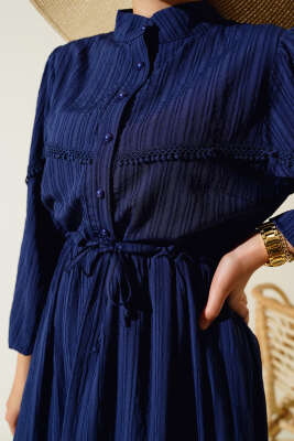 Tünelli Dantel Detaylı Elbise Lacivert - Thumbnail