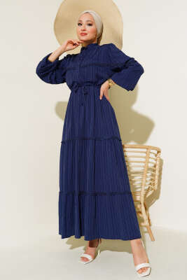 Tünelli Dantel Detaylı Elbise Lacivert - Thumbnail