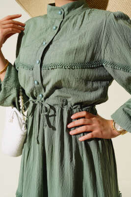 Tünelli Dantel Detaylı Elbise Çağla Yeşili - Thumbnail