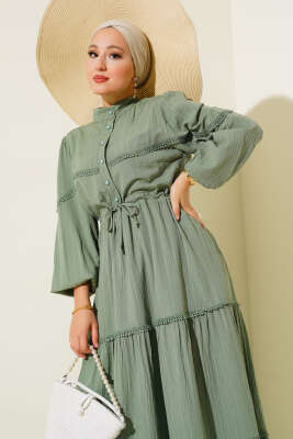 Tünelli Dantel Detaylı Elbise Çağla Yeşili - Thumbnail