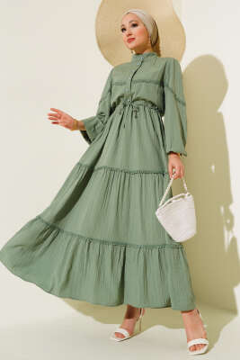 Tünelli Dantel Detaylı Elbise Çağla Yeşili - Thumbnail