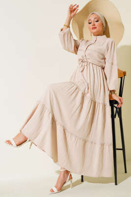 Tünelli Dantel Detaylı Elbise Bej - Thumbnail