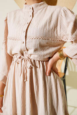 Tünelli Dantel Detaylı Elbise Bej - Thumbnail