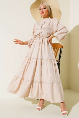 Tünelli Dantel Detaylı Elbise Bej - Thumbnail