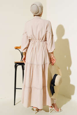 Tünelli Dantel Detaylı Elbise Bej - Thumbnail