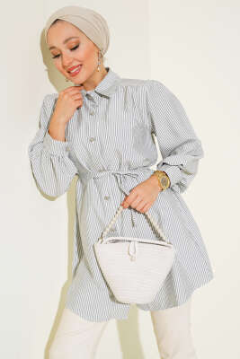 Pazarium - Taş Düğmeli Çizgili Gömlek Gri