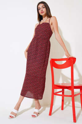 Pazarium - Askılı Mini Çiçekli Elbise Kırmızı