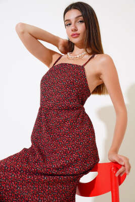 Askılı Mini Çiçekli Elbise Kırmızı - Thumbnail