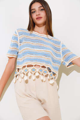 Pazarium - File Dantelli Bluz Mavi