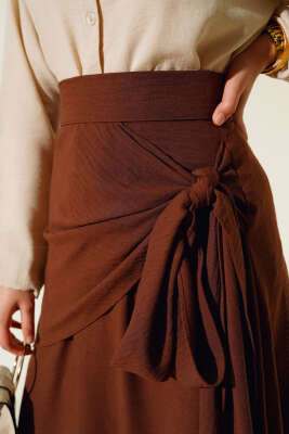 Yan Bağlamalı Keten Etek Kahve - Thumbnail