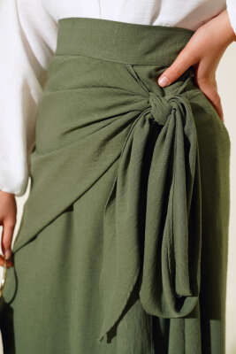 Yan Bağlamalı Keten Etek Haki - Thumbnail