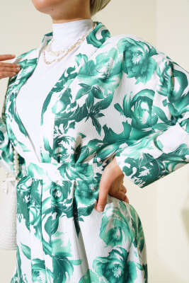 Desenli Bürümcük Kimono Takım Yeşil - Thumbnail