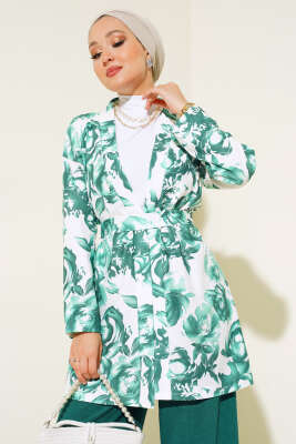 Desenli Bürümcük Kimono Takım Yeşil - Thumbnail