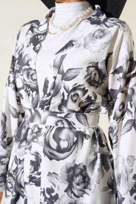 Desenli Bürümcük Kimono Takım Siyah - Thumbnail