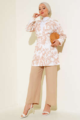 Desenli Bürümcük Kimono Takım Latte - Thumbnail