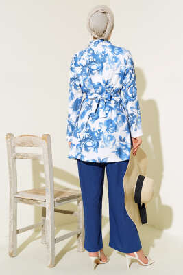 Desenli Bürümcük Kimono Takım İndigo - Thumbnail