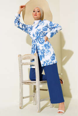 Desenli Bürümcük Kimono Takım İndigo - Thumbnail