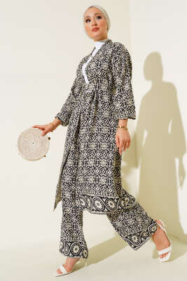 Etnik Desen Salaş Kimono İkili Takım Siyah - Thumbnail