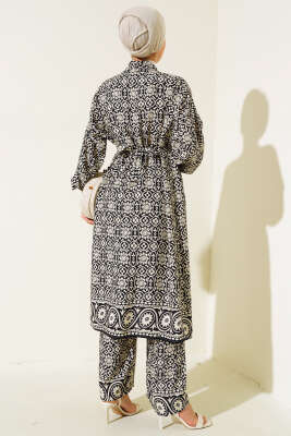 Etnik Desen Salaş Kimono İkili Takım Siyah - Thumbnail