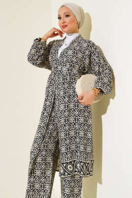 Etnik Desen Salaş Kimono İkili Takım Siyah - Thumbnail
