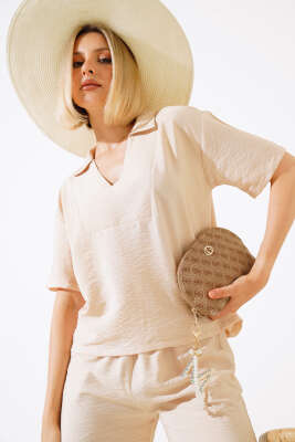 V Yaka Bluz İkili Takım Bej - Thumbnail