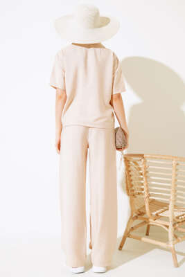 V Yaka Bluz İkili Takım Bej - Thumbnail